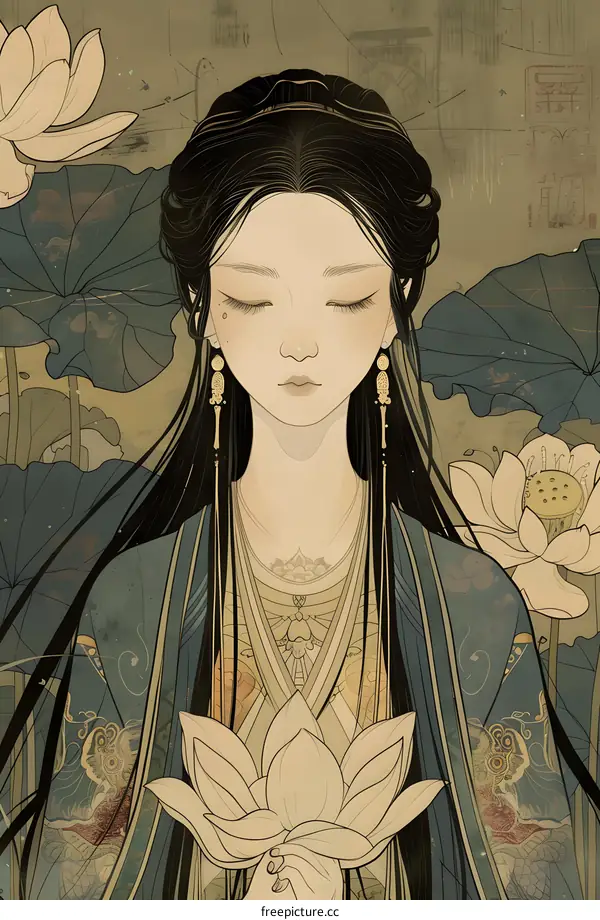 Elegant Woman Holding Lotus Flower in Traditional Chinese Style Illustration