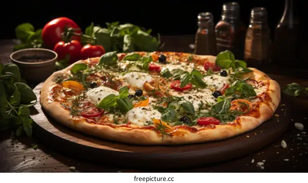 A delicious pizza with tomatoes, basil, and mozzarella cheese