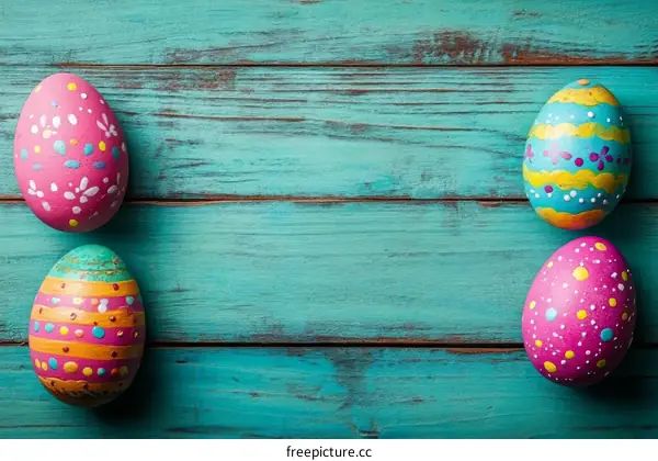 Colorful Easter Eggs on a Teal Wooden Background