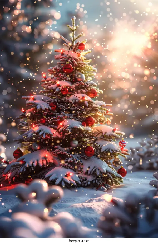 Snowy Christmas Tree with Lights and Ornaments
