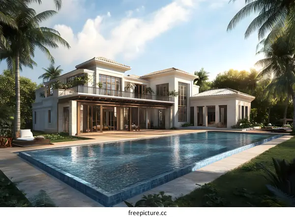Modern Tropical Villa with Swimming Pool and Palm Trees
