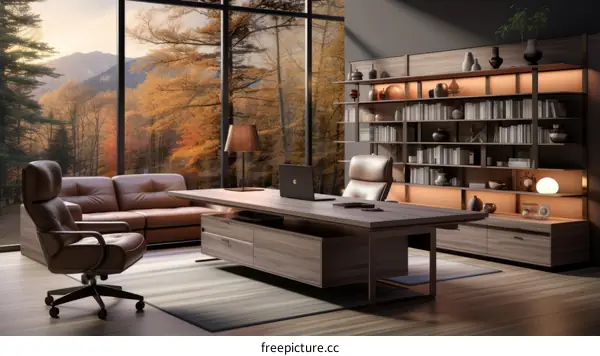 Modern Office Interior with Autumn Forest View