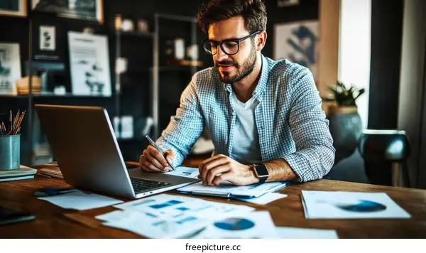 Focused Caucasian Male Working on Documents