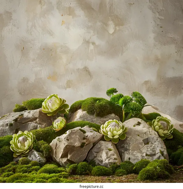 Green Flowers on Rocks with Mossy Background