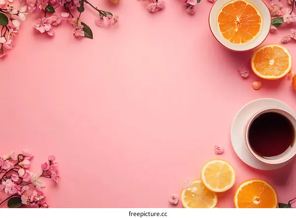 Pink Background With Lemon Slices, Orange Slices, Coffee, and Flowers