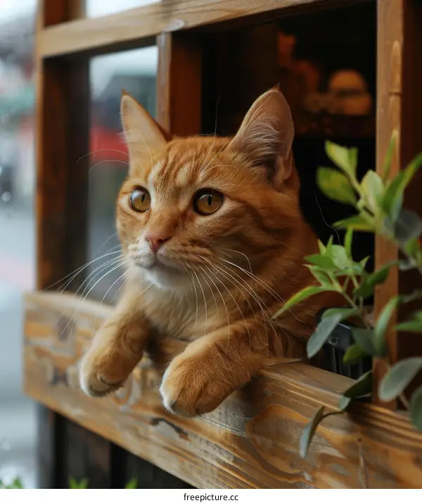 A ginger cat is sitting in a wooden box and looking out the window