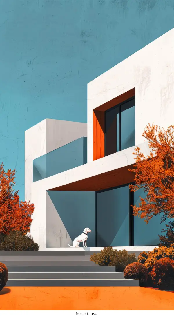 Modern house exterior with white walls and large glass windows