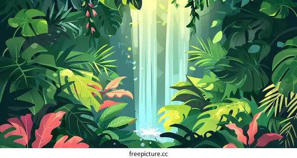 Tropical Rainforest Waterfall Illustration