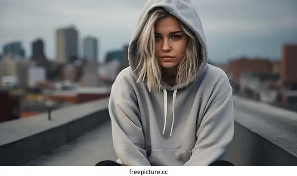 Portrait of a young woman in a gray hoodie looking at the camera with a serious expression on her face