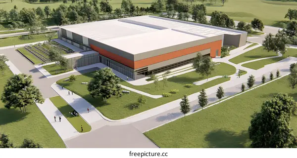 Aerial View of Modern Building with Surrounding Green Space and People