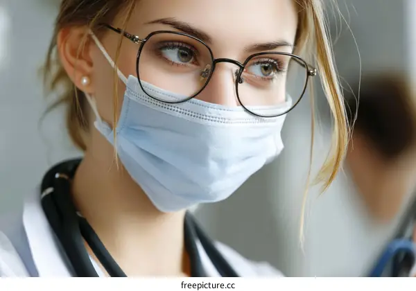 Female Doctor Wearing Protective Mask and Glasses