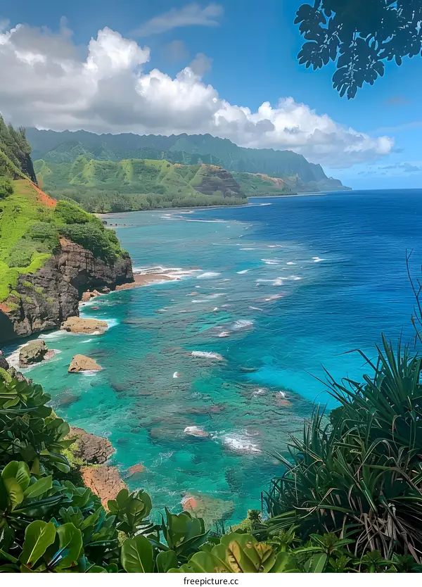The blue ocean and the green mountains of Hawaii