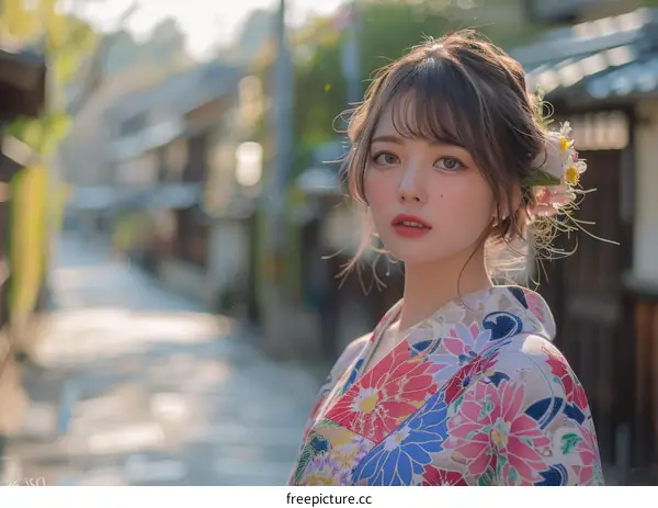 Asian Woman in Traditional Japanese Kimono in a City Lane