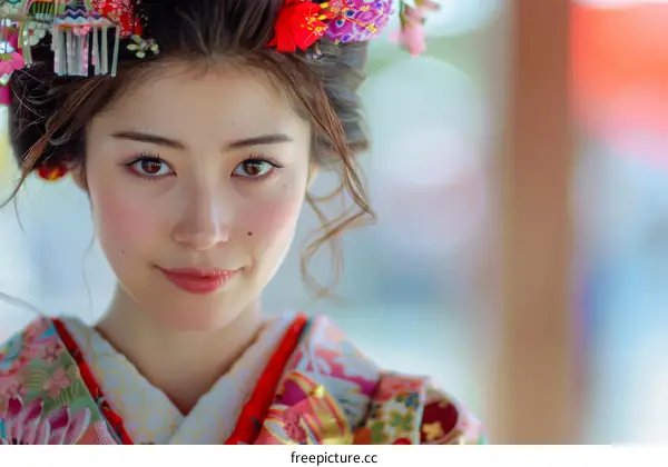 Portrait of a young Japanese woman in traditional kimono