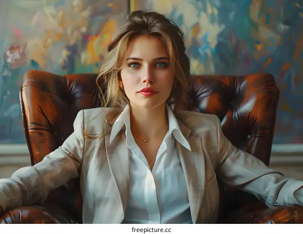 portrait of a beautiful blonde woman in a white blouse and beige jacket sitting in a brown leather armchair