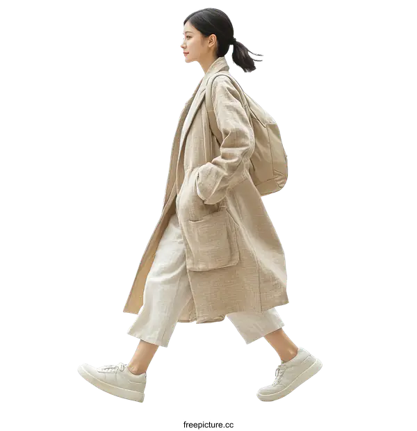 [Transparent Background PNG]Woman Walking in Beige Linen Coat