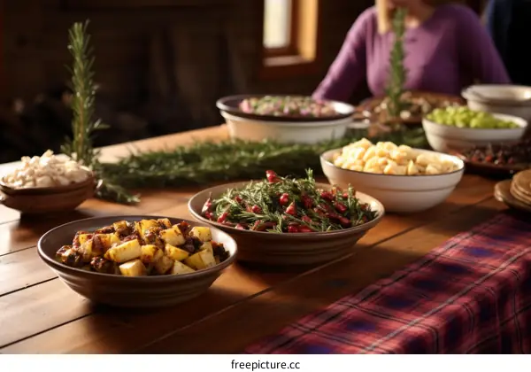 Table full of delicious food with a person sitting at the end of the table