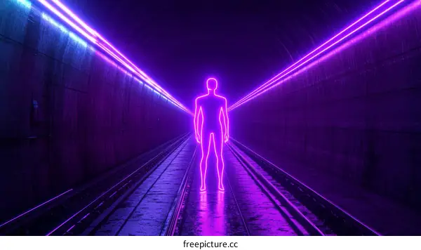 Neon Silhouette Figure in a Futuristic Tunnel