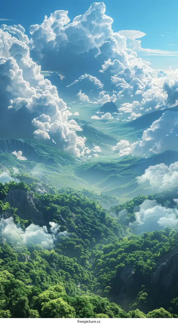 Misty Mountain Landscape with Clouds and Trees