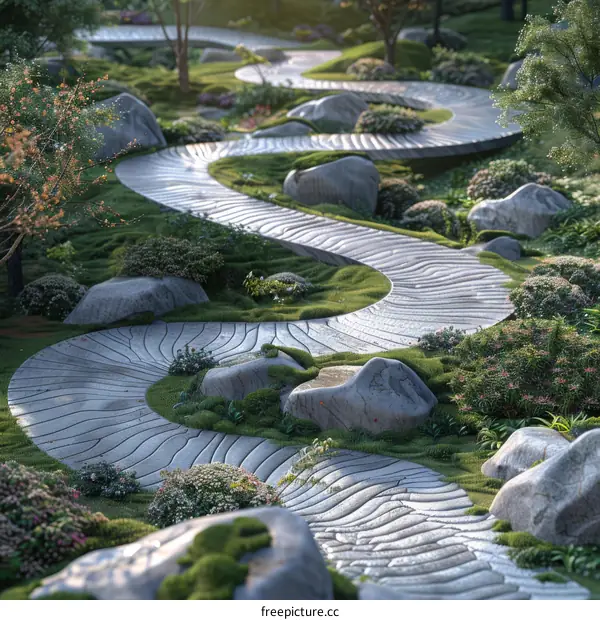 Landscaped Garden Design with Rockery, Bridges, and Pavilions