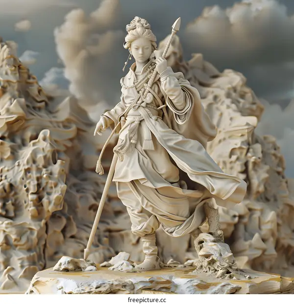 An oriental woman in ancient costume holding a spear