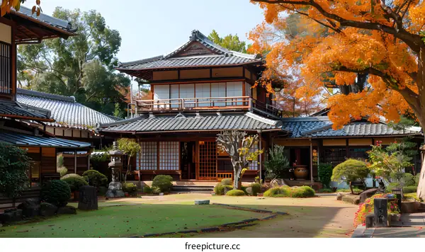 Traditional Japanese House in Autumn