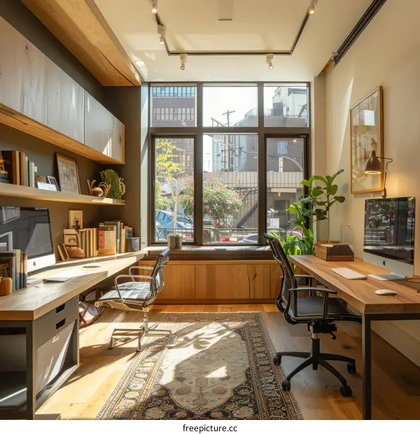 office with large windows and wooden furniture