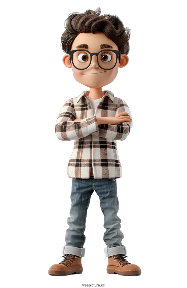 [Transparent Background PNG]A 3D rendering of a boy wearing glasses and a plaid shirt