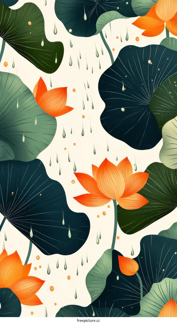 Lotus Flower Pattern with Rain Drops