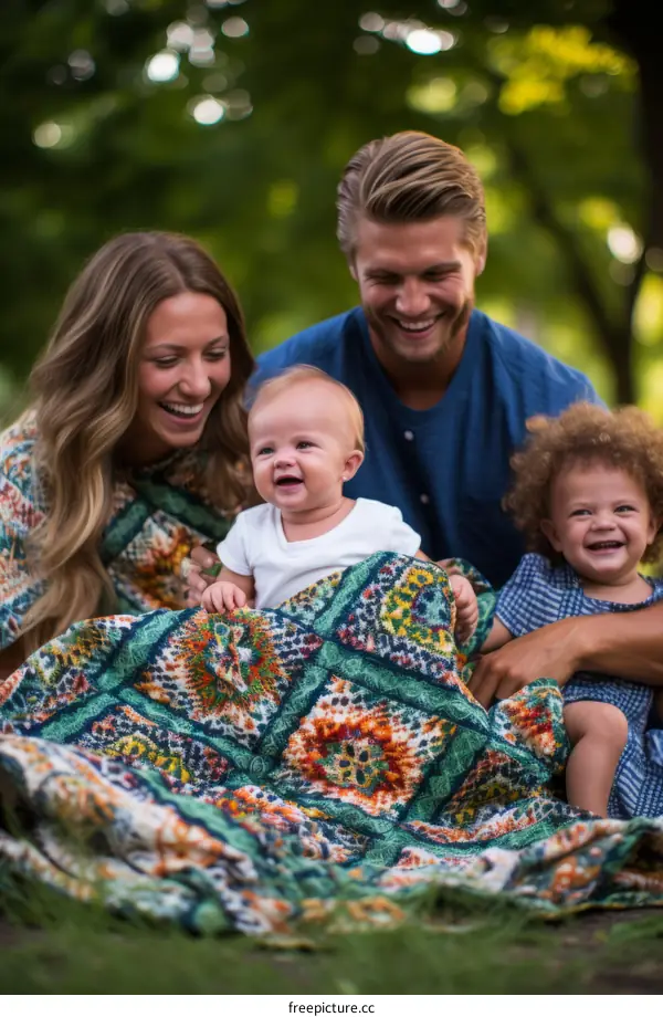 Happy family of four sitting on a blanket in the park