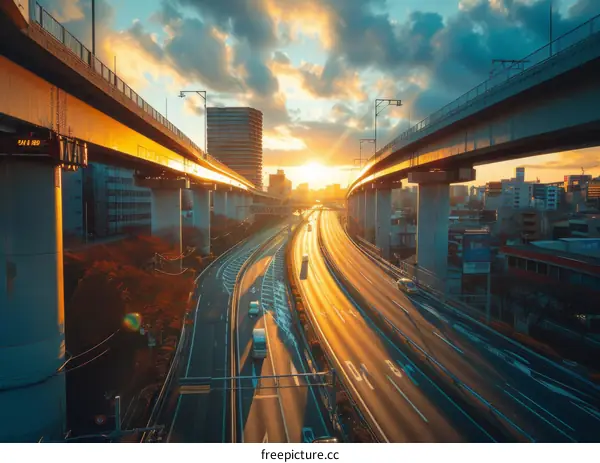 Elevated Expressway in City at Sunset
