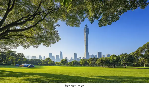 City Park Landscape with Tall Tower