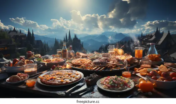 A feast of food with a mountain view