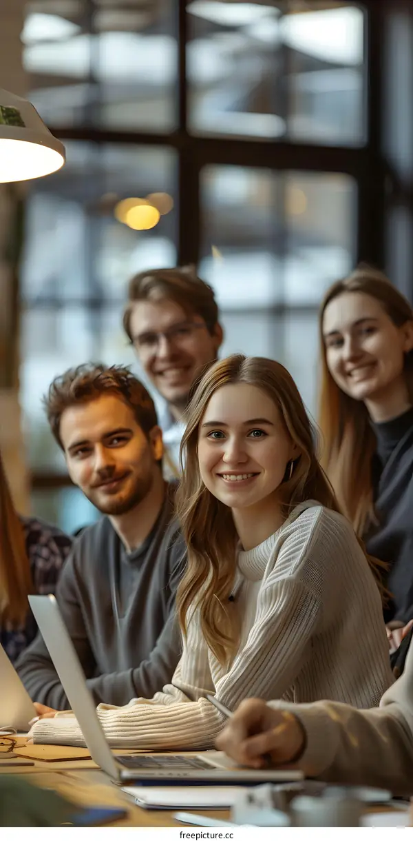 portrait of a group of young people sitting at a table and smiling at the camera