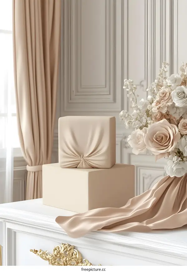 Beige Box With Satin Fabric and Flowers Mockup