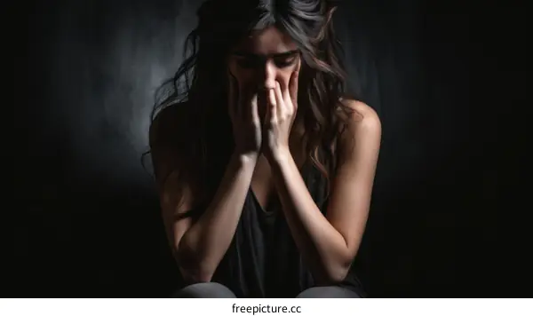 Portrait of a woman with long brown hair sitting with her hands covering her face