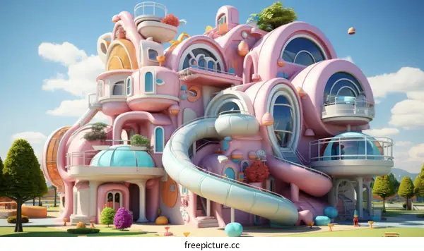A whimsical and colorful 3D rendering of a pink and blue house with a slide