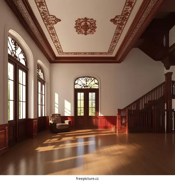 Classic Wooden Staircase and Windows in a Luxurious Mansion Interior