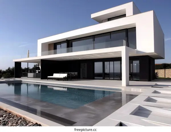 Modern Minimalist White Villa With Swimming Pool And Outdoor Patio
