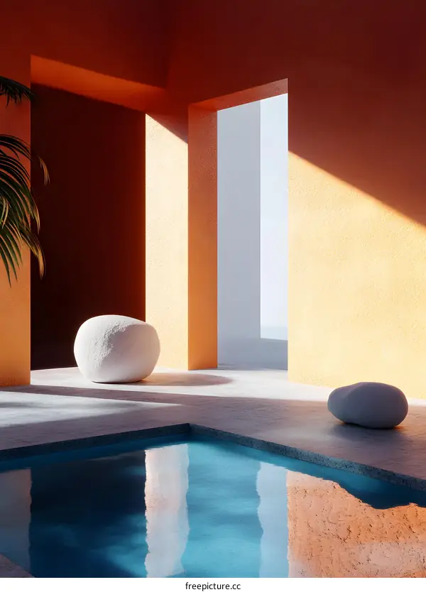 Minimalist Swimming Pool with Orange Walls and White Rocks