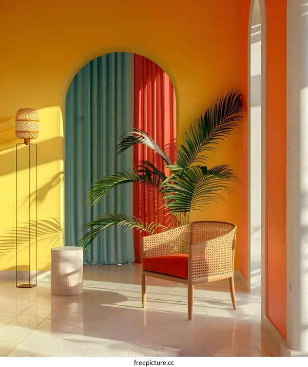 Minimalist Living Room with Archway, Palm Tree, and Wicker Chair