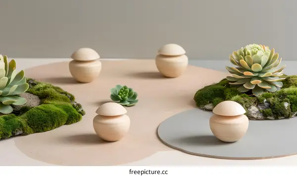 Wooden Decorative Objects with Green Plants on a Neutral Background