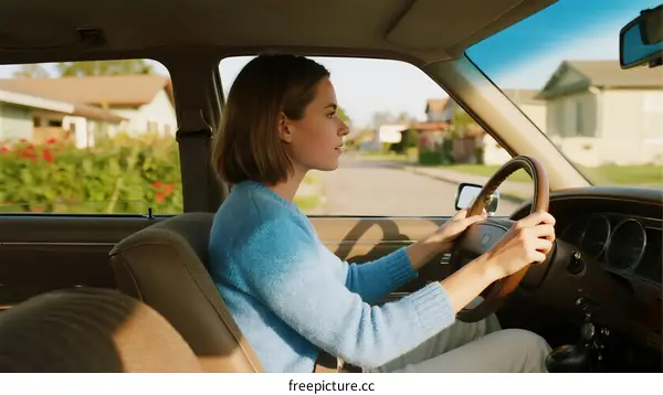 A young woman driving a car on a suburban street