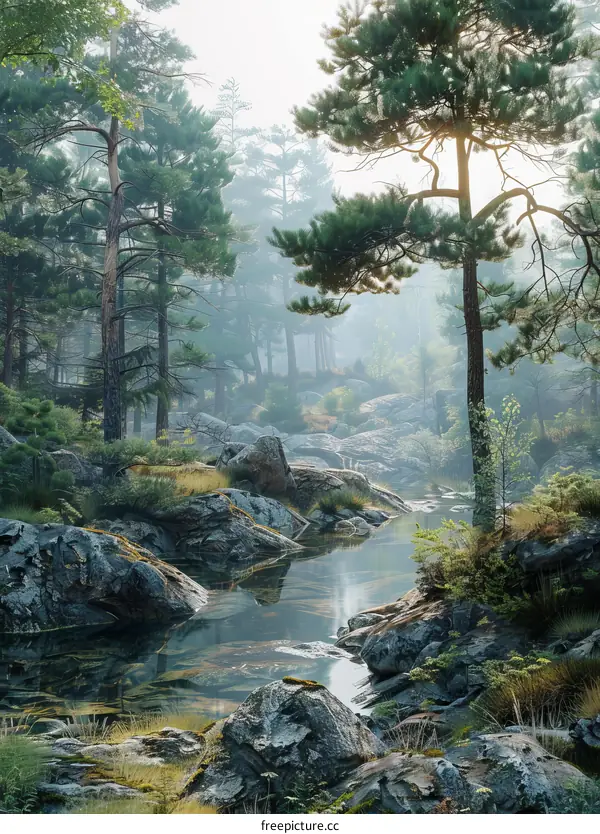 Small River Winding Through Forest with Green Mosses