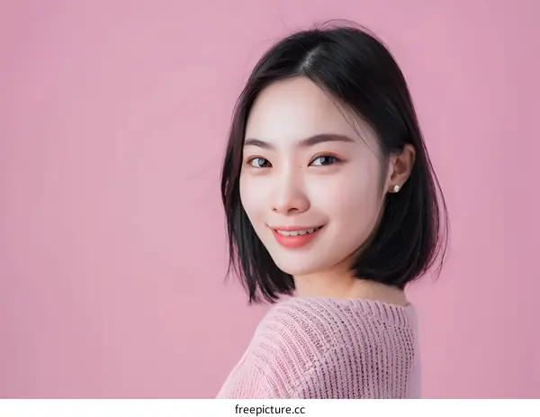 Smiling Asian Woman With Pink Knit Sweater Looking Over Shoulder