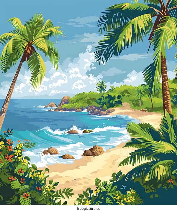 Tropical Beach Palm Tree Landscape Illustration