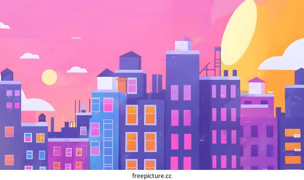 Sunset Cityscape Illustration with Pink and Blue Buildings
