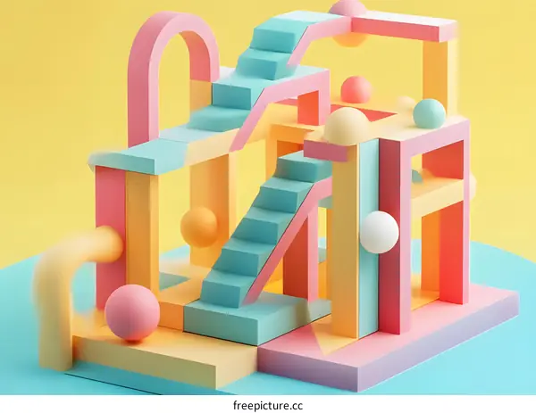 Abstract Geometric Structure With Colorful Shapes and Stairs