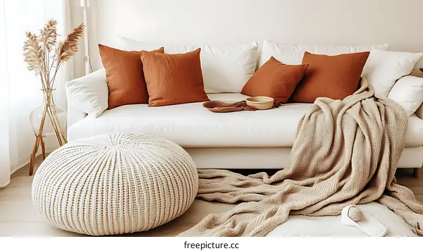 Cozy Living Room with Knitted Pouf and Throws