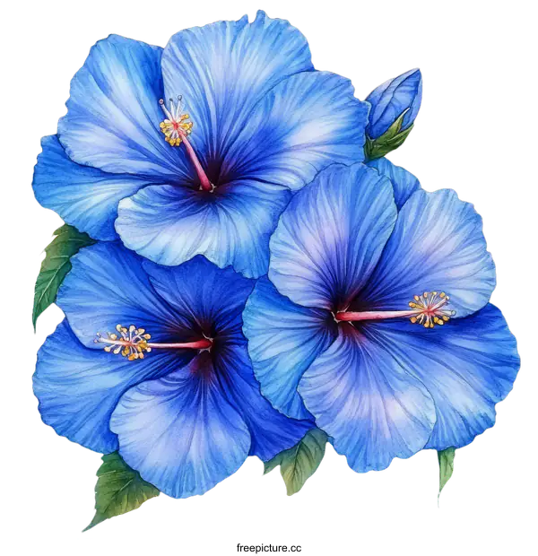 [Transparent Background PNG]Beautiful Watercolor Blue Hibiscus Flowers Illustration